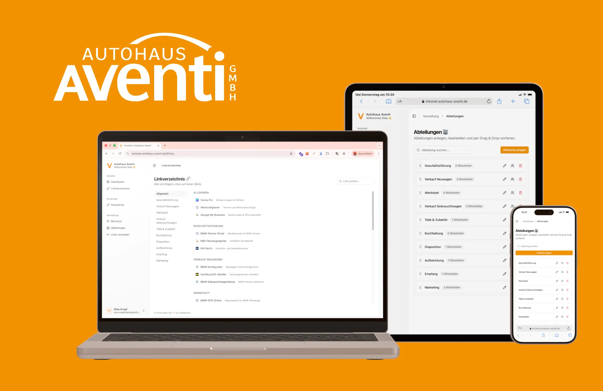 Intranet Autohaus Aventi – Moderne, browserbasierte Intranetlösung mit modularem Aufbau und Homeoffice-Zugriff.