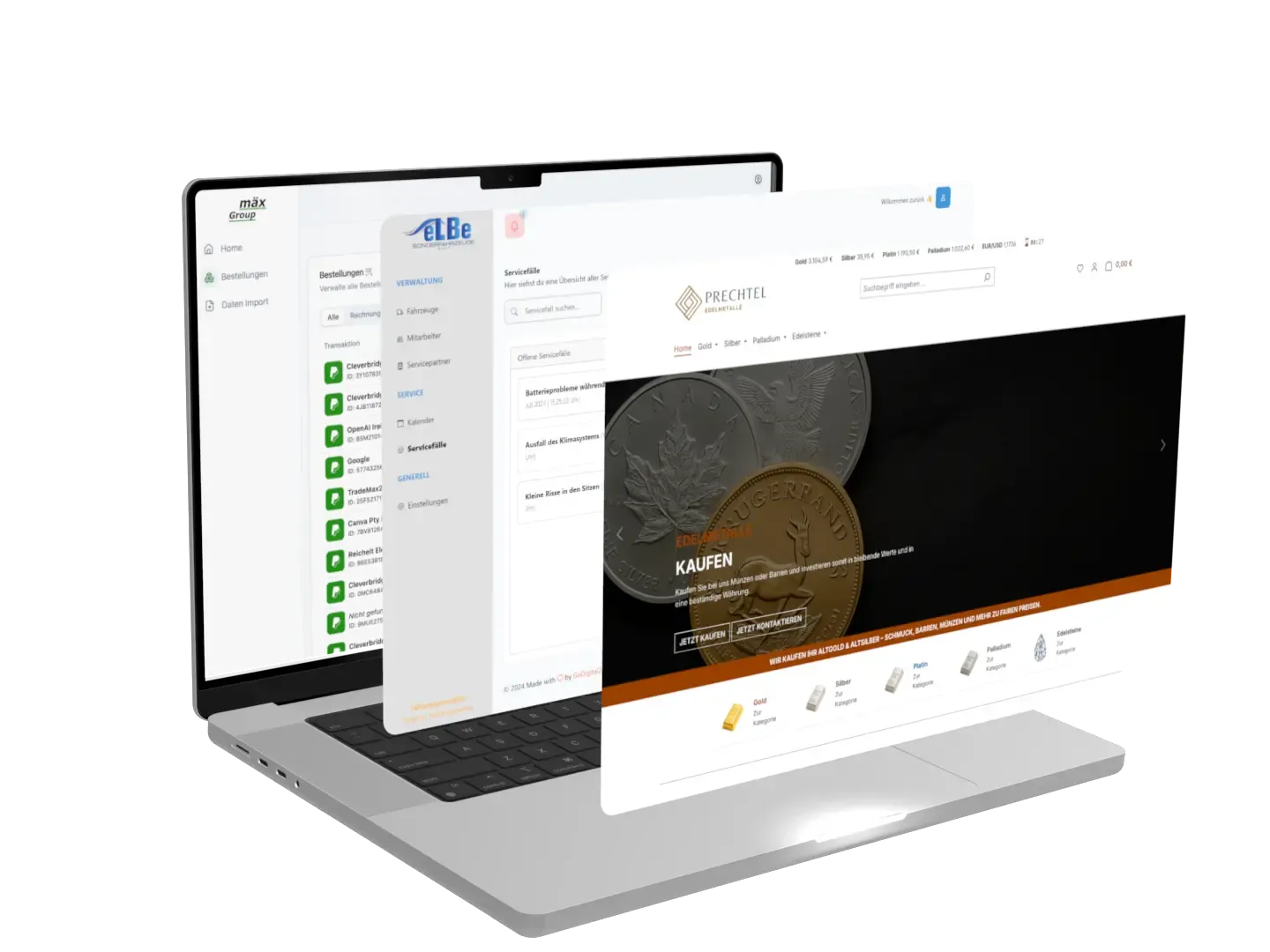 GoDigital24 Projekte – Rechnungsmanager, eLBe Service-App, Prechtel Online-Shop
